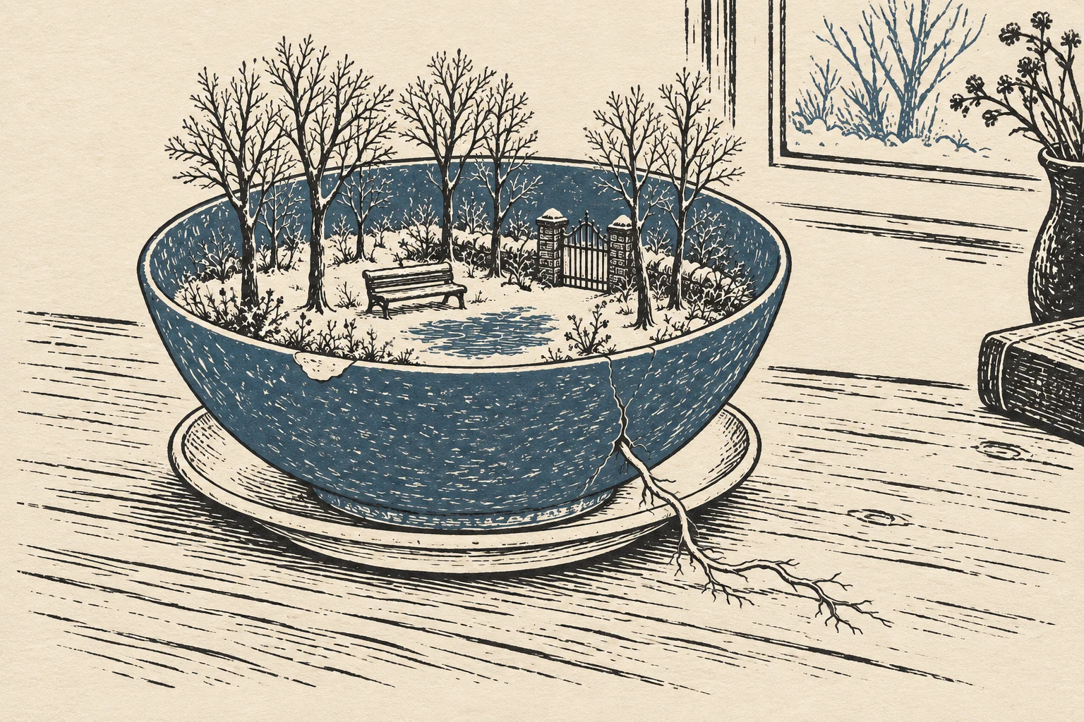 A woodcut-style illustration of a blue bowl holding a tiny snowy garden, an empty bench and a gate. A root escapes through the bowl’s crack and trails across the table; a saucer sits underneath.